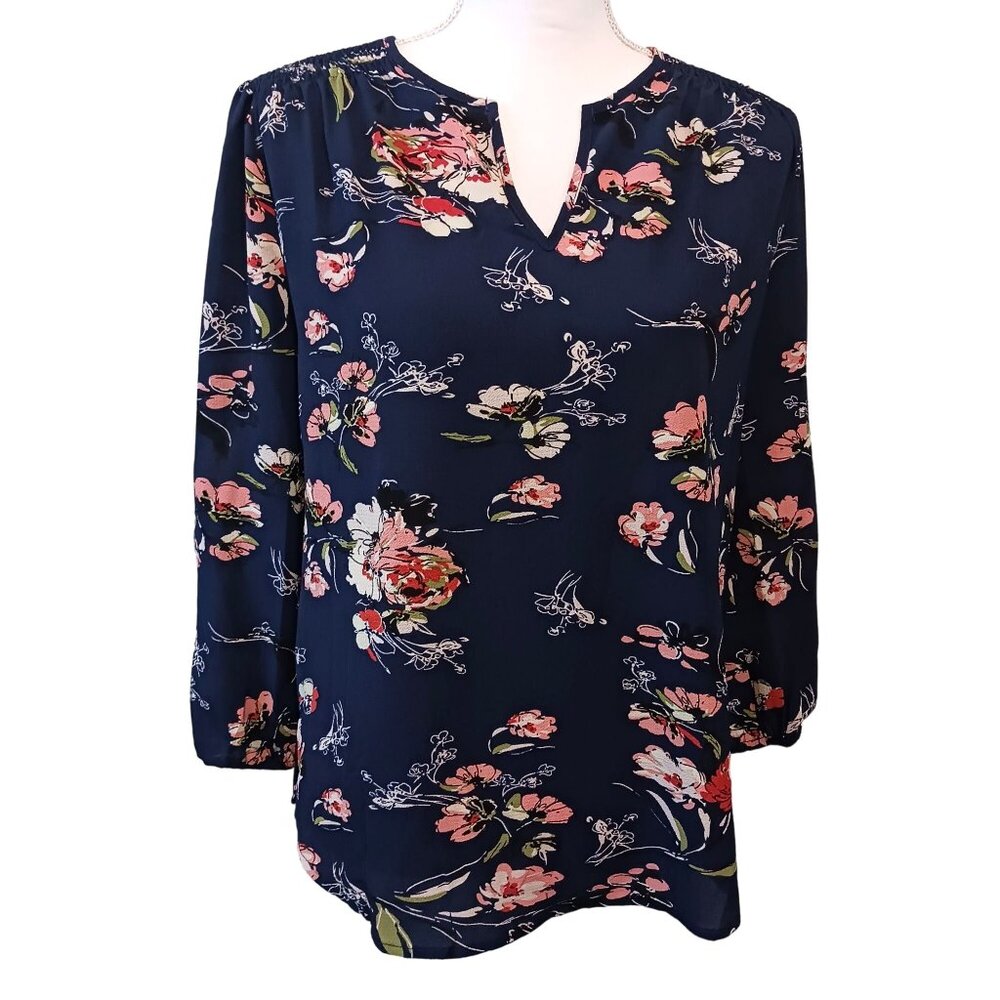 NEW Fun2fun Puff Sleeve‎ Navy Multi Floral Tunic Blouse with Pleated Design, S